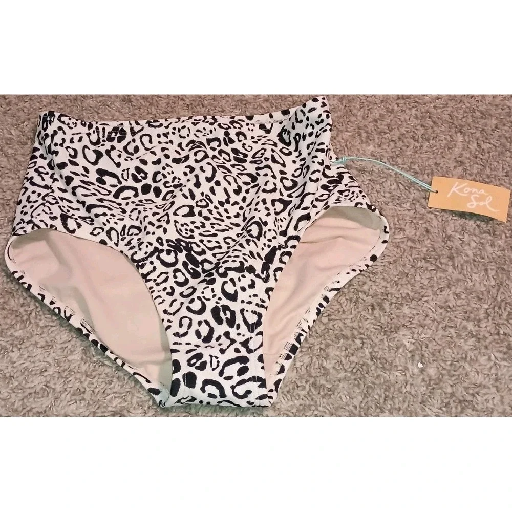 Kona Sol Women's S Bikini Bottom Neutral Leopard Print High Waist Full Coverage